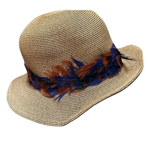 Eugenia Kim Feather Trim Straw Hat Made in USA Size Large - Picture 4 of 7